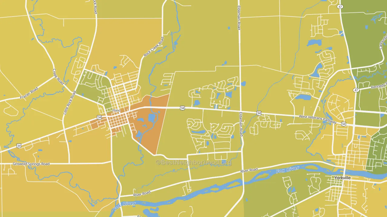 Map of the best neighborhoods in the Lakewood Springs, Plano area, with better matches in green and worse matches in red