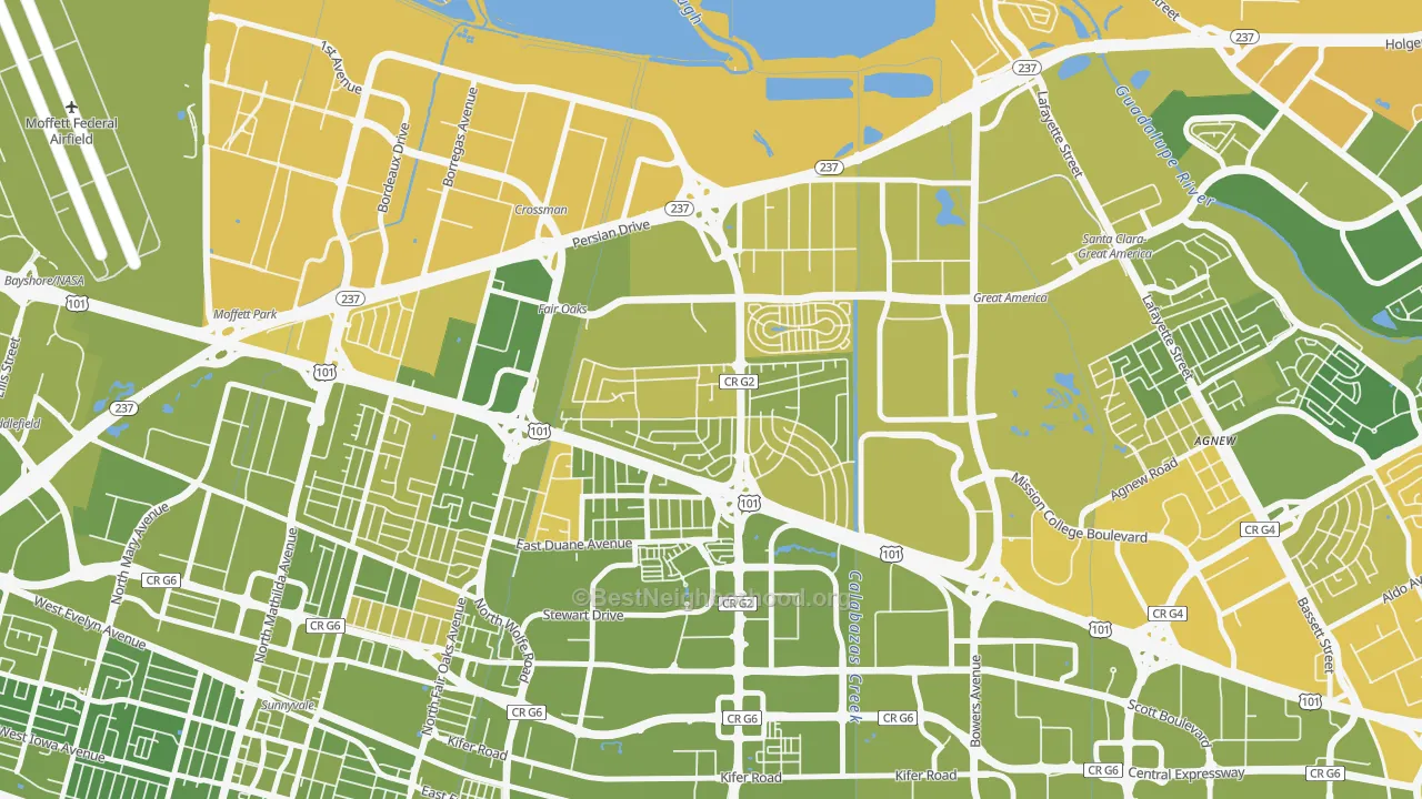 Map of the best neighborhoods in the Lakewood, Sunnyvale area, with better matches in green and worse matches in red