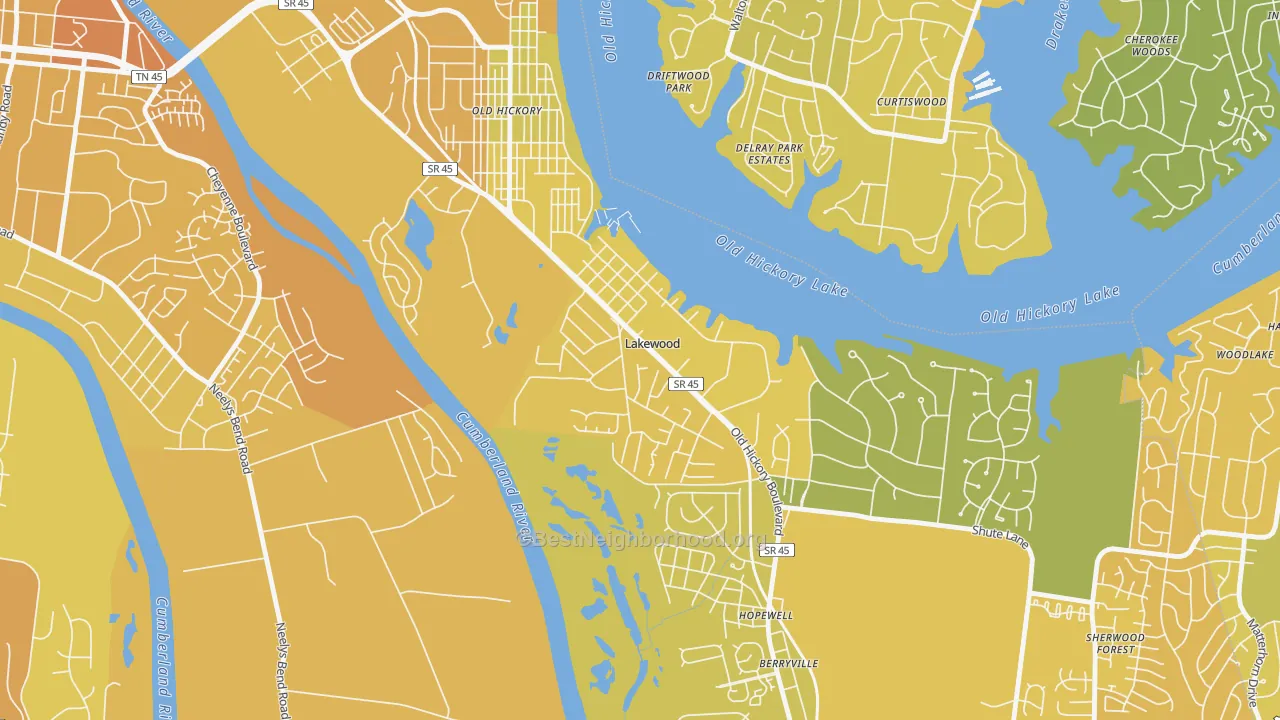 Map of the best neighborhoods in the Lakewood area, with better matches in green and worse matches in red