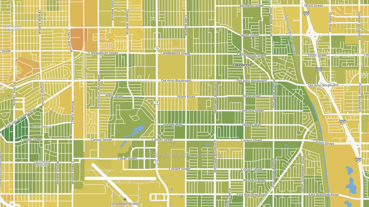 Map of the best neighborhoods in the Lakewood Village, Long Beach area, with better matches in green and worse matches in red