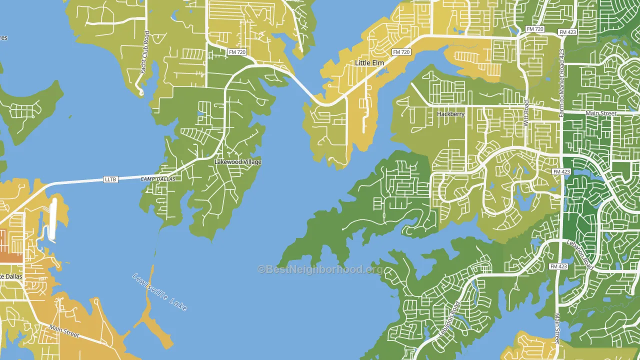 Map of the best neighborhoods in the Lakewood Village area, with better matches in green and worse matches in red