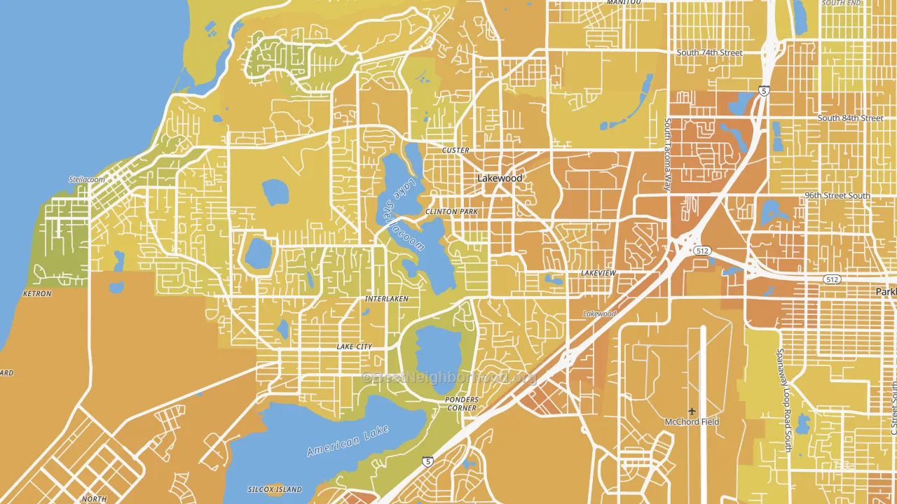 Map of the best neighborhoods in the Lakewood area, with better matches in green and worse matches in red
