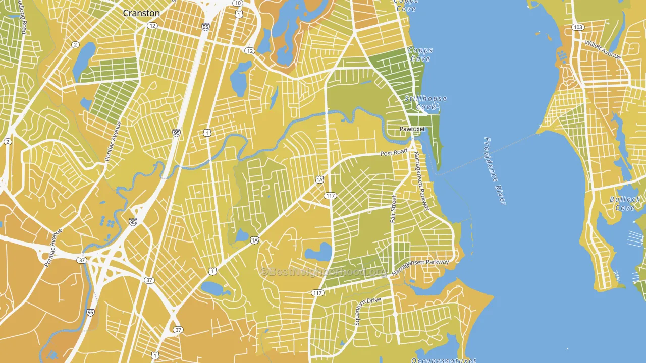 Map of the best neighborhoods in the Lakewood, Warwick area, with better matches in green and worse matches in red
