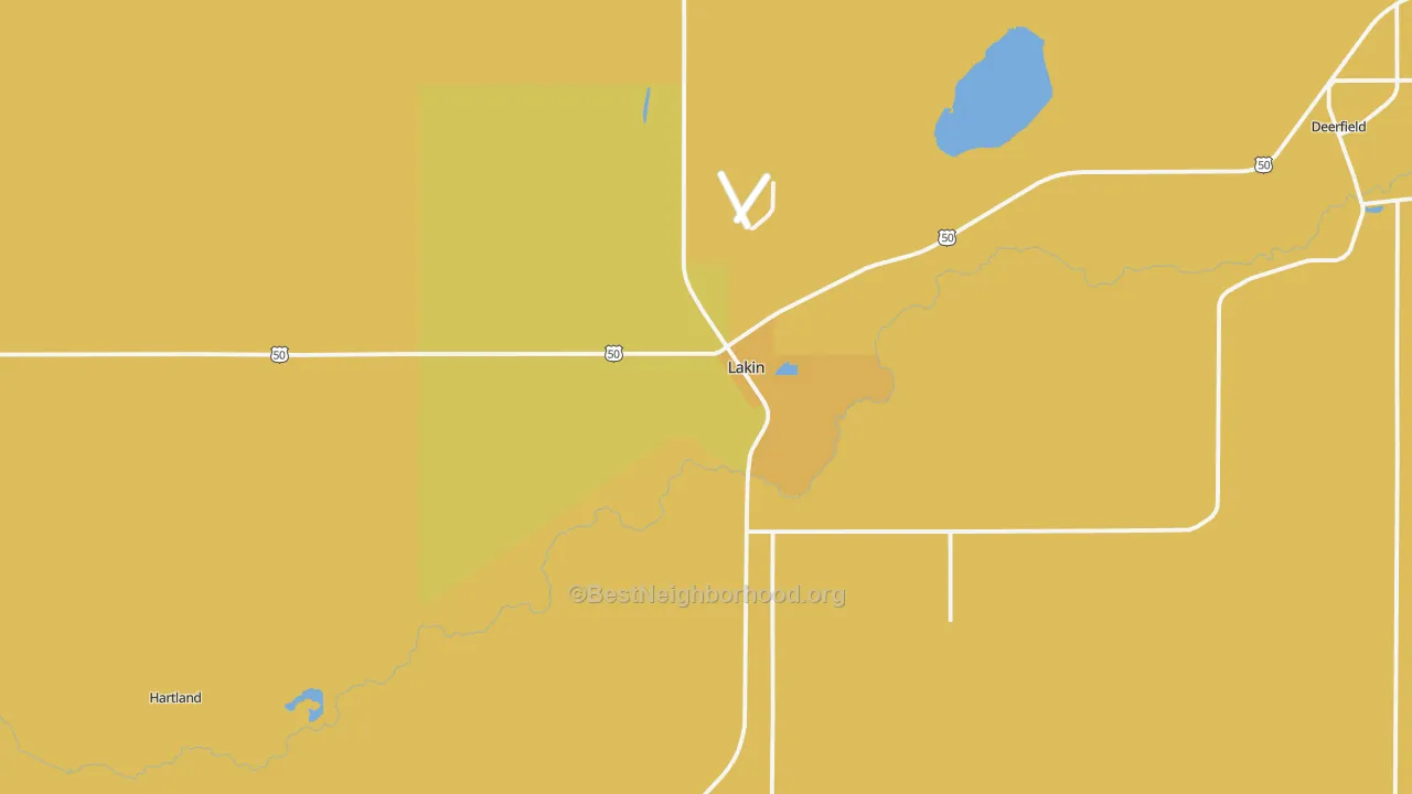 Map of the best neighborhoods in the Lakin area, with better matches in green and worse matches in red