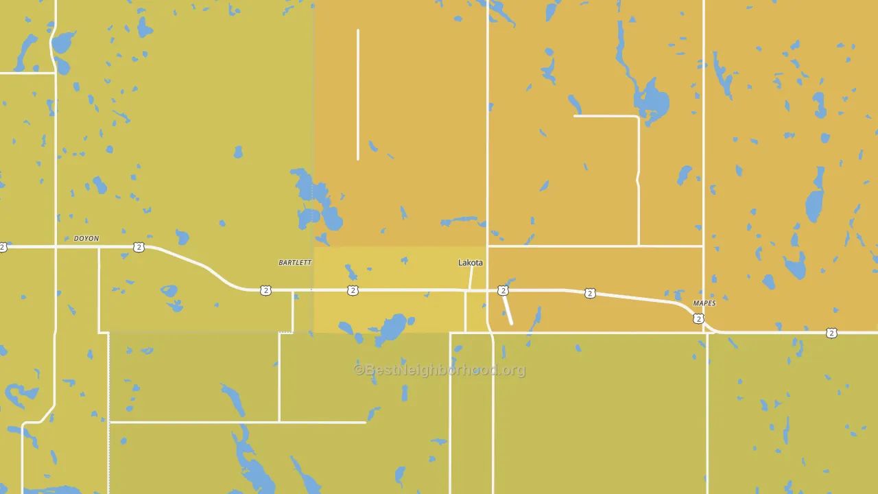 Map of the best neighborhoods in the Lakota area, with better matches in green and worse matches in red