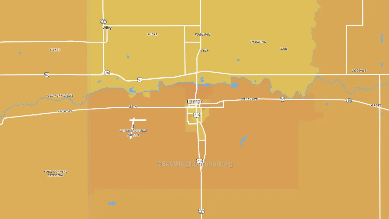 Map of the best neighborhoods in the Lamar area, with better matches in green and worse matches in red