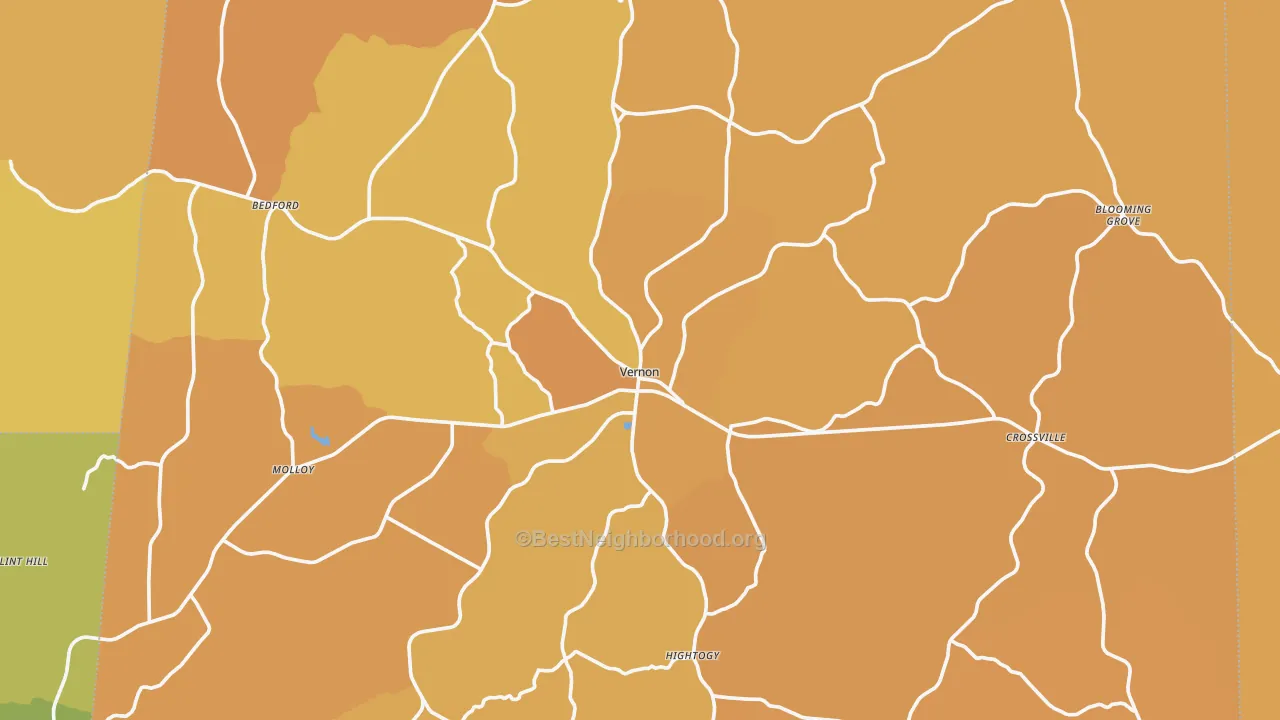 Map of the best neighborhoods in the Lamar County area, with better matches in green and worse matches in red