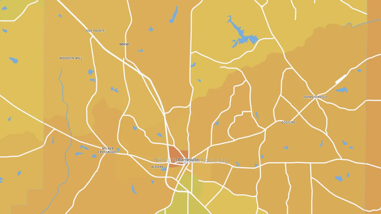Map of the best neighborhoods in the Lamar County area, with better matches in green and worse matches in red