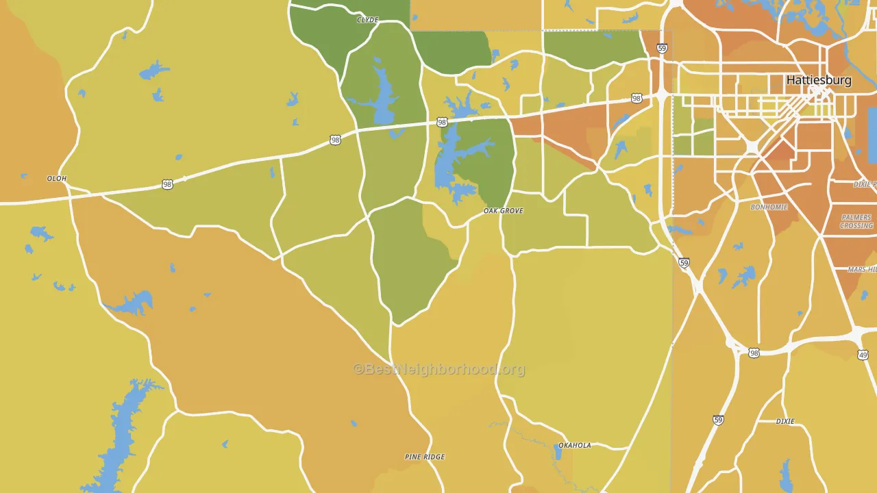Map of the best neighborhoods in the Lamar County area, with better matches in green and worse matches in red