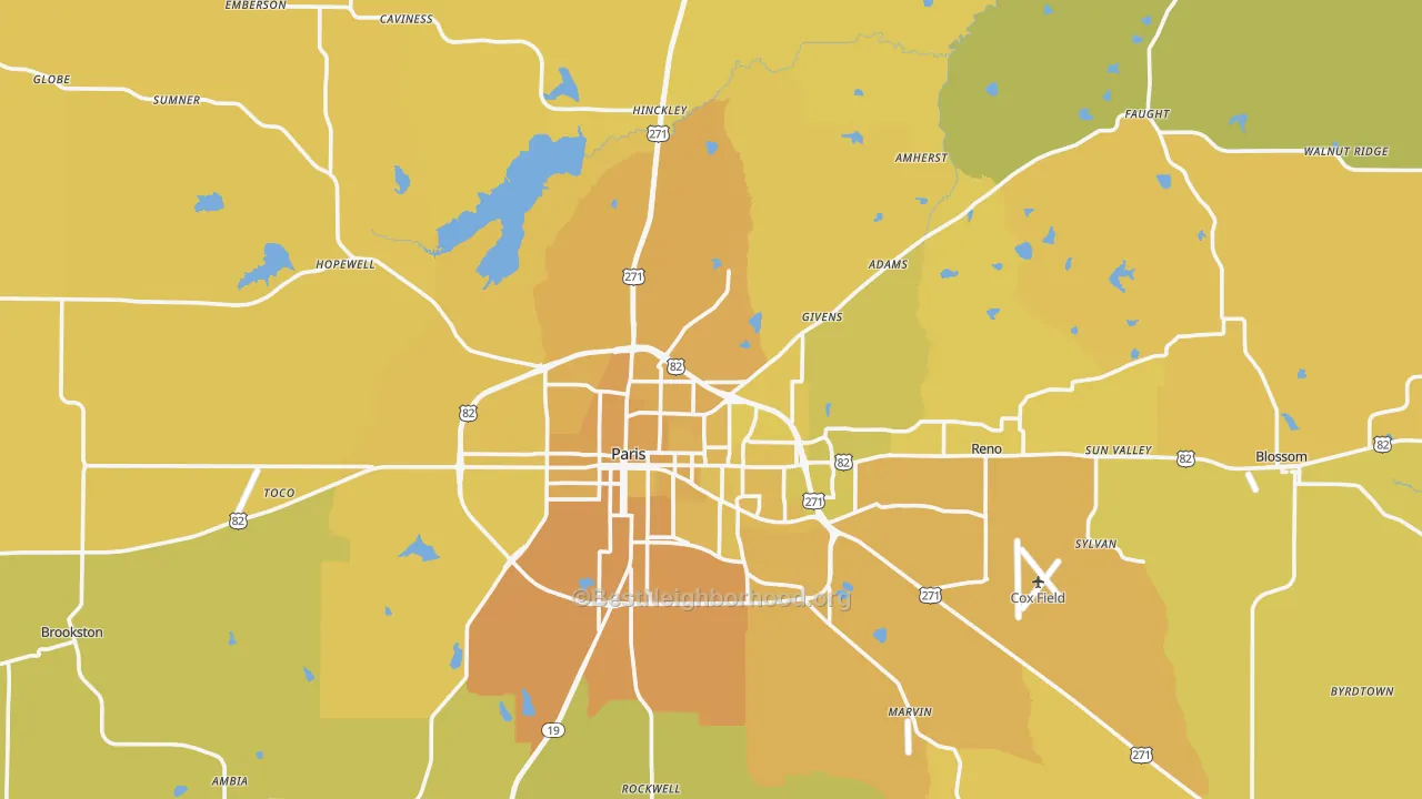 Map of the best neighborhoods in the Lamar County area, with better matches in green and worse matches in red