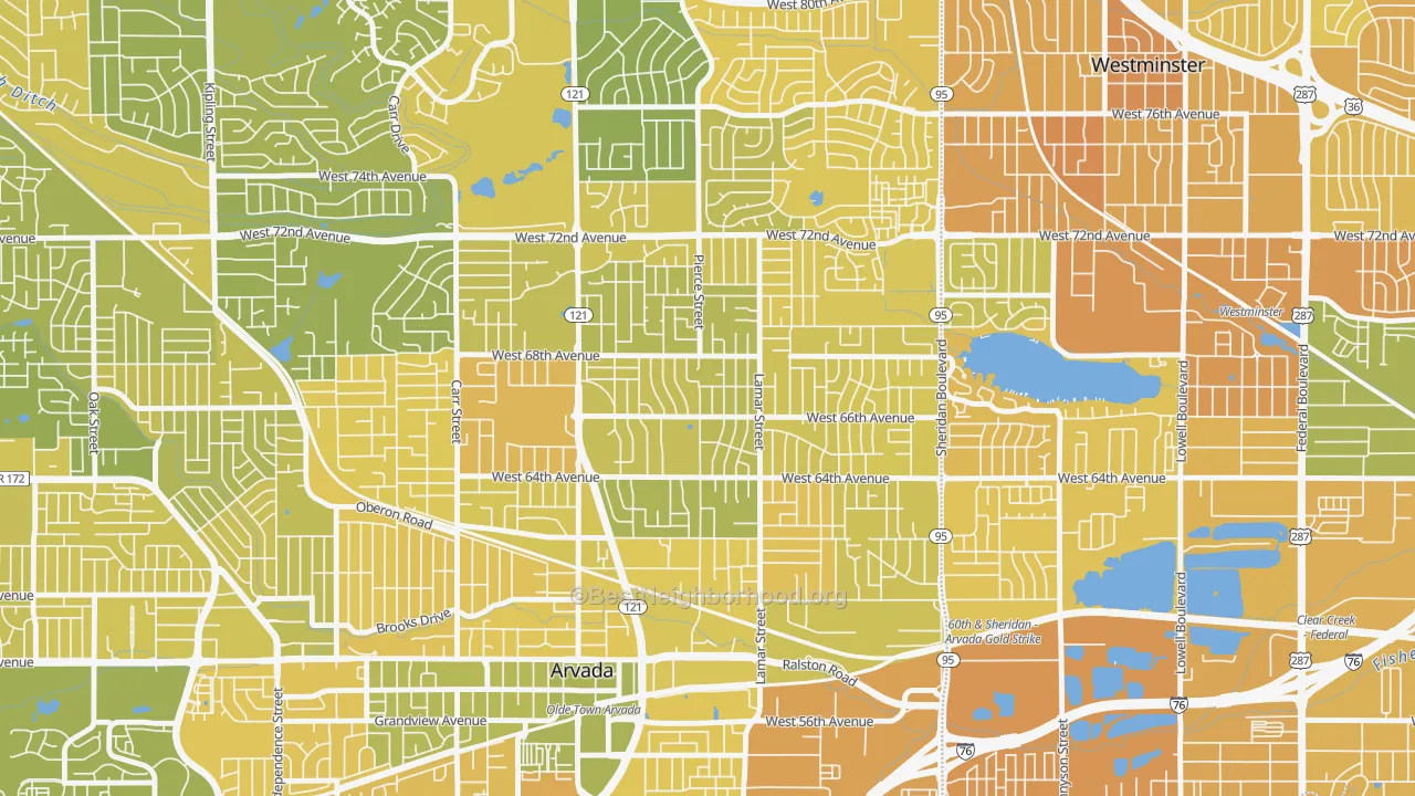 Map of the best neighborhoods in the Lamar Heights Area, Arvada area, with better matches in green and worse matches in red