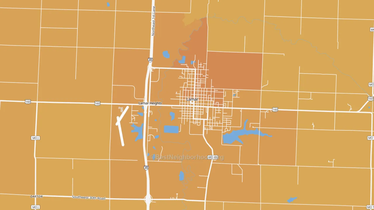 Map of the best neighborhoods in the Lamar Heights area, with better matches in green and worse matches in red