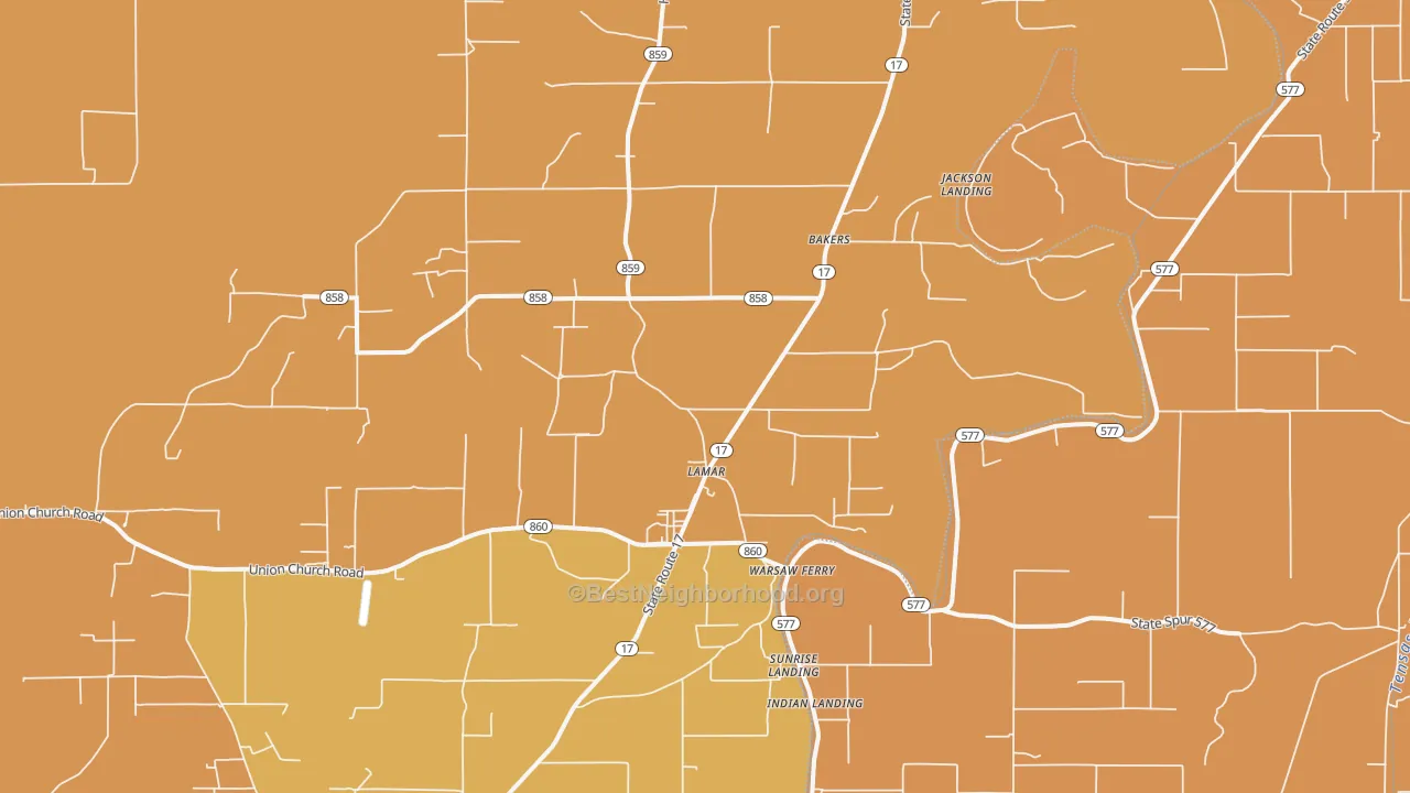 Map of the best neighborhoods in the Lamar area, with better matches in green and worse matches in red