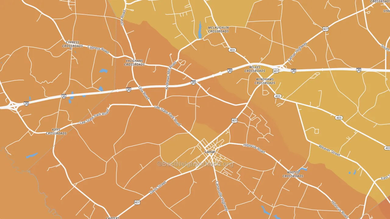 Map of the best neighborhoods in the Lamar area, with better matches in green and worse matches in red