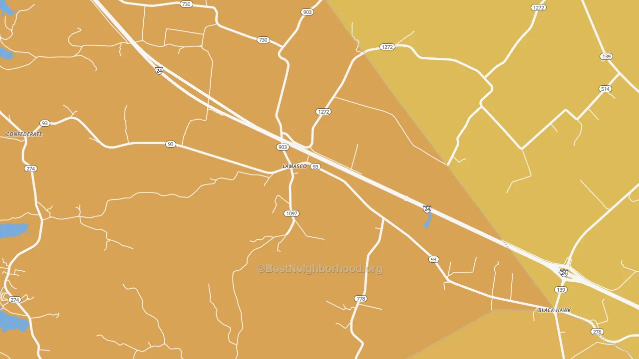 Map of the best neighborhoods in the Lamasco area, with better matches in green and worse matches in red