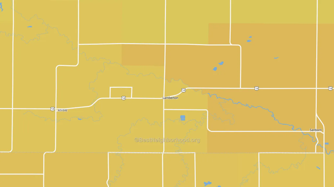 Map of the best neighborhoods in the Lamberton area, with better matches in green and worse matches in red