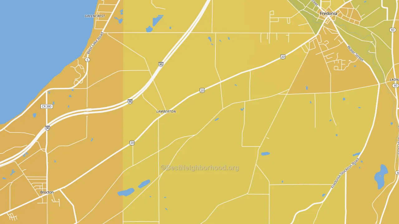 Map of the best neighborhoods in the Lamberton area, with better matches in green and worse matches in red