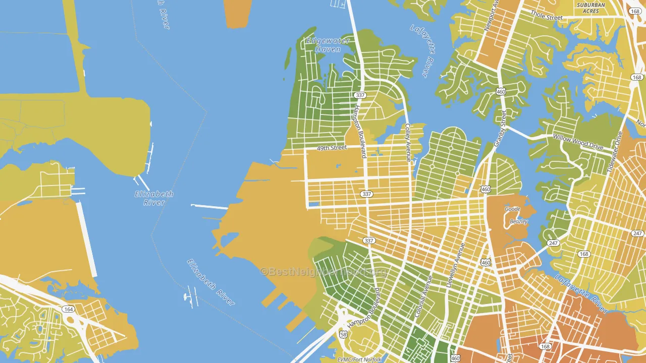 Map of the best neighborhoods in the Lamberts Point, Norfolk area, with better matches in green and worse matches in red