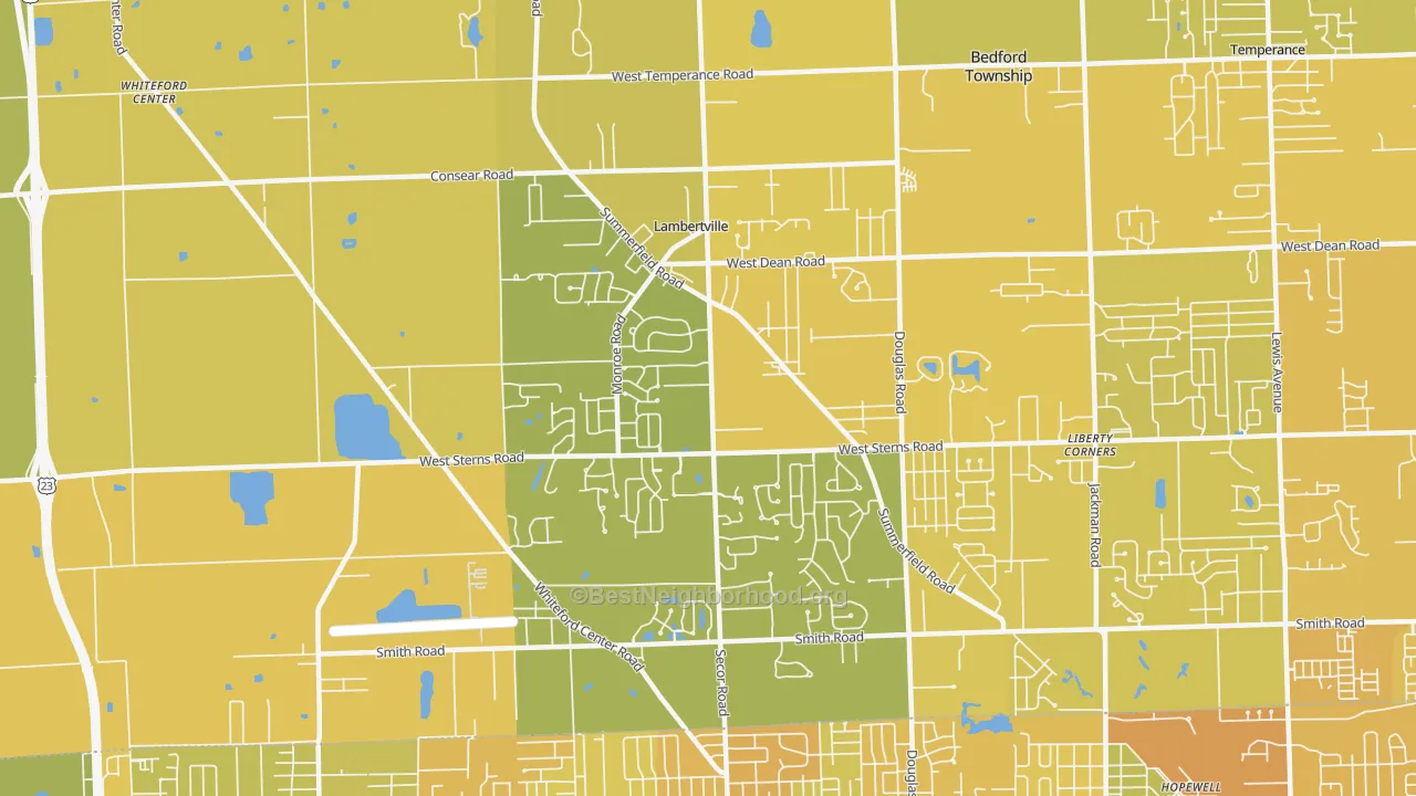 Map of the best neighborhoods in the Lambertville area, with better matches in green and worse matches in red