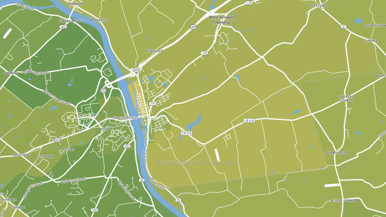 Map of the best neighborhoods in the Lambertville area, with better matches in green and worse matches in red