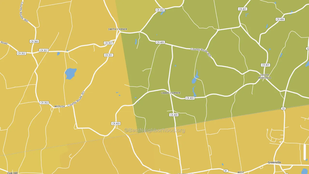 Map of the best neighborhoods in the Lambs Corner area, with better matches in green and worse matches in red