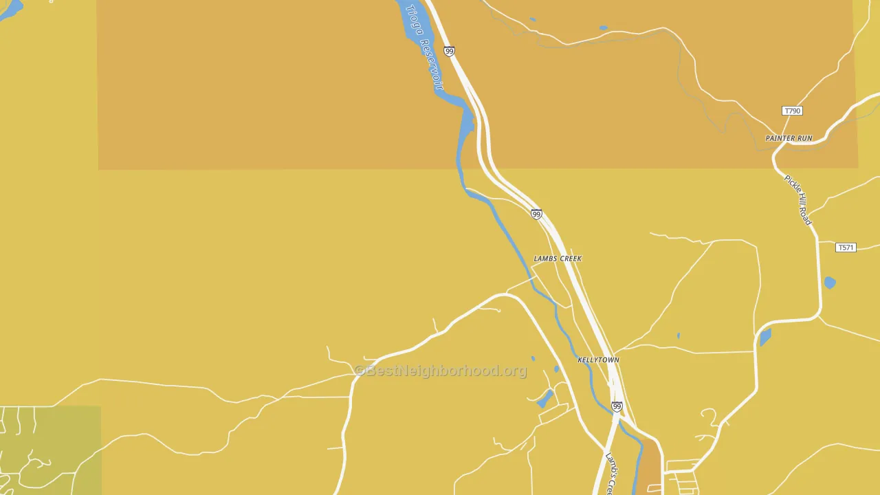 Map of the best neighborhoods in the Lambs Creek area, with better matches in green and worse matches in red