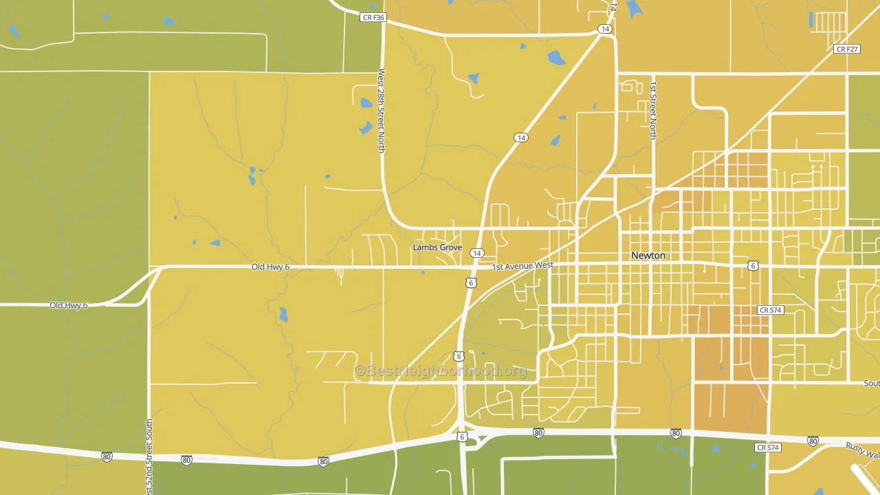 Map of the best neighborhoods in the Lambs Grove area, with better matches in green and worse matches in red