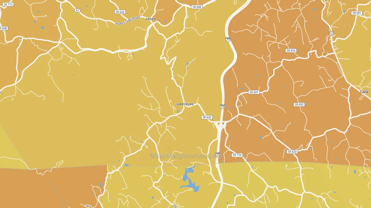 Map of the best neighborhoods in the Lambsburg area, with better matches in green and worse matches in red