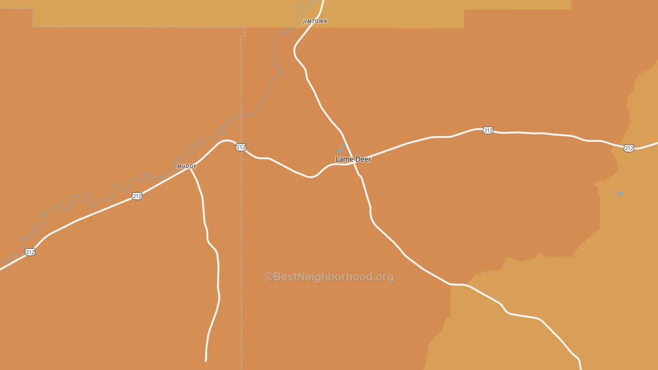 Map of the best neighborhoods in the Lame Deer area, with better matches in green and worse matches in red