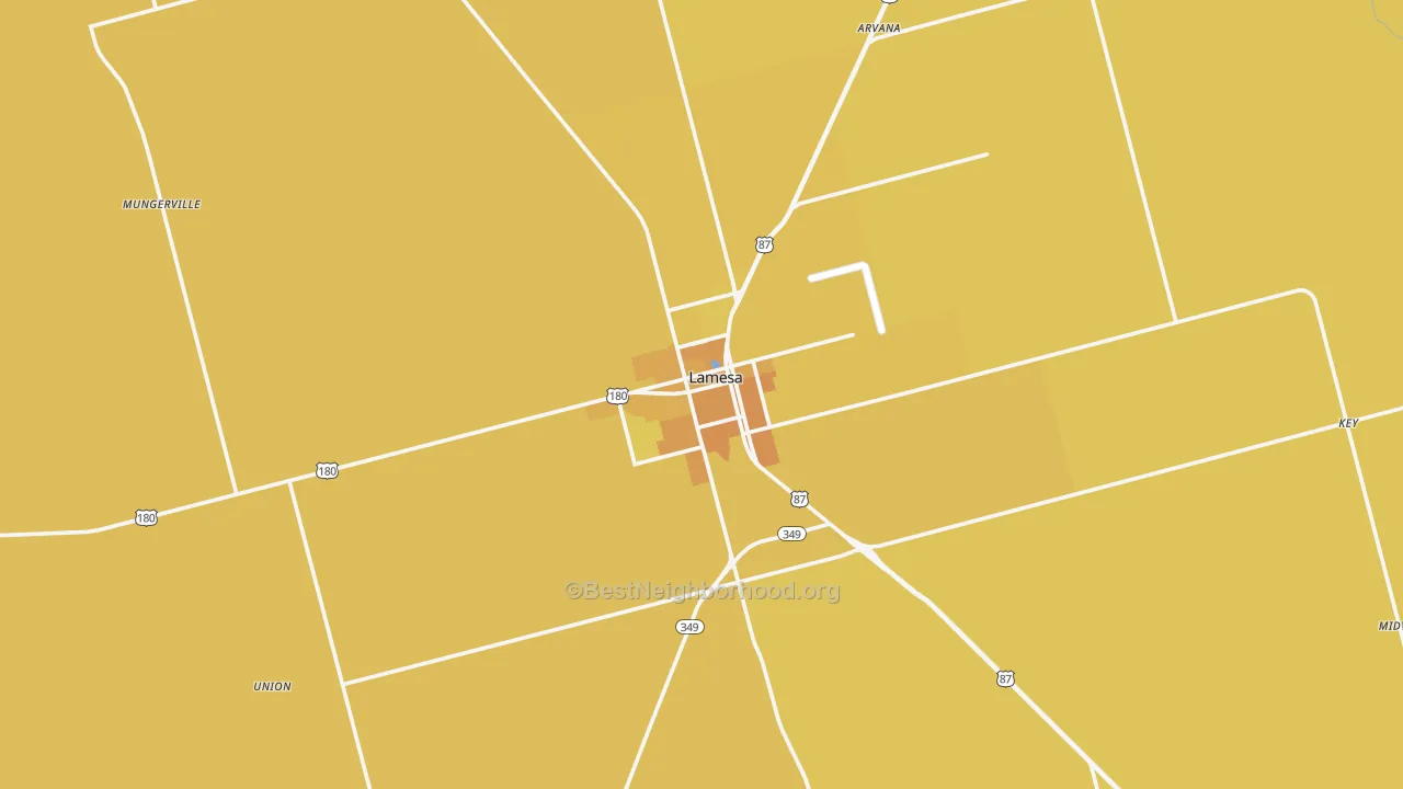 Map of the best neighborhoods in the Lamesa area, with better matches in green and worse matches in red