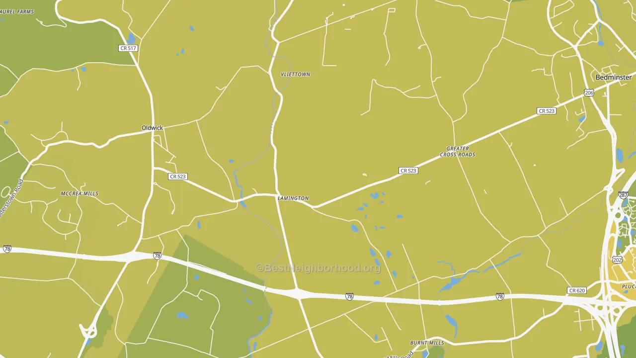 Map of the best neighborhoods in the Lamington area, with better matches in green and worse matches in red