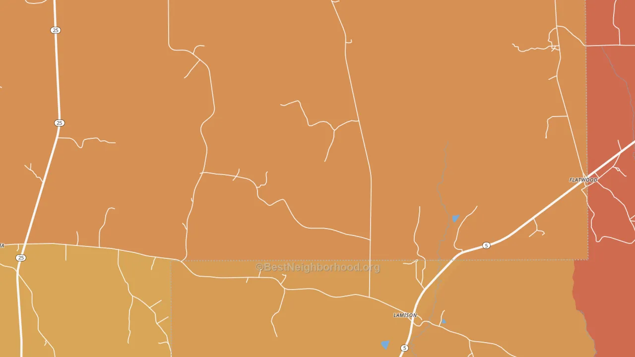 Map of the best neighborhoods in the Lamison area, with better matches in green and worse matches in red