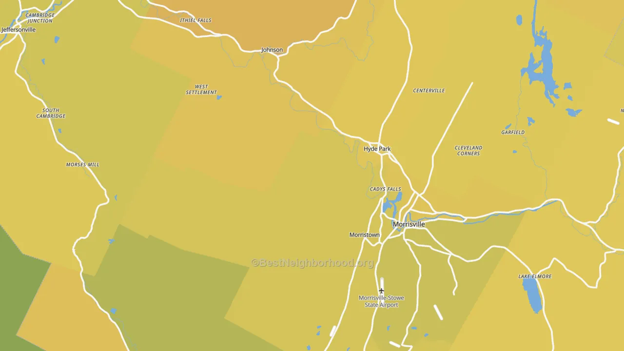 Map of the best neighborhoods in the Lamoille County area, with better matches in green and worse matches in red