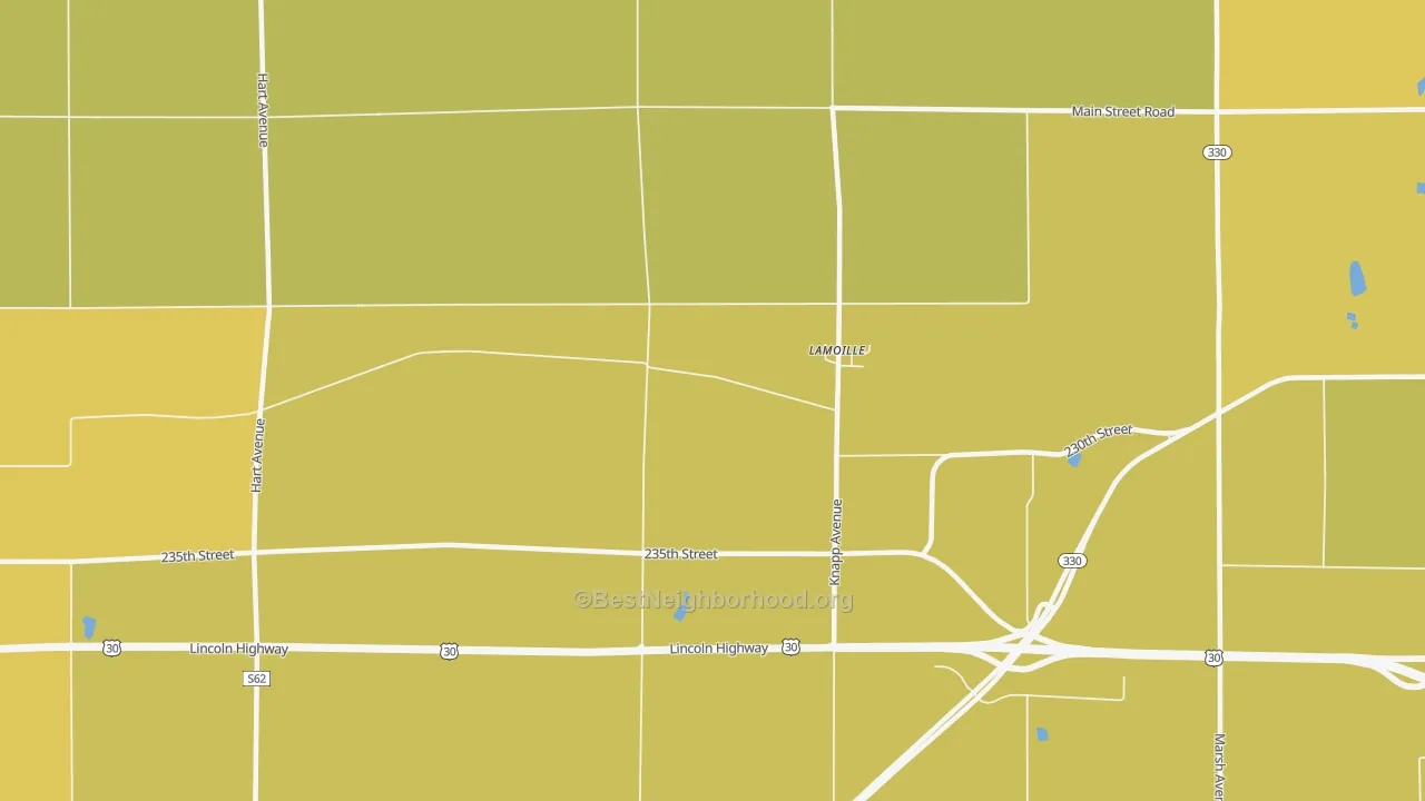 Map of the best neighborhoods in the LaMoille area, with better matches in green and worse matches in red