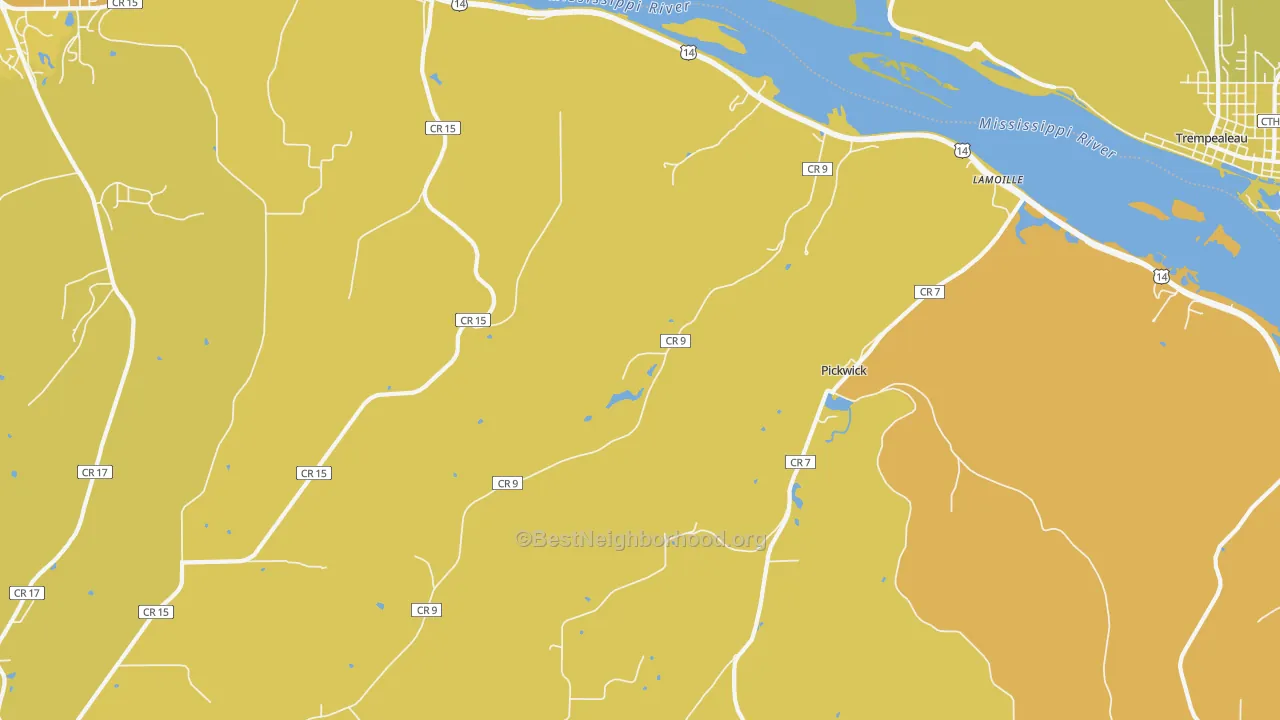 Map of the best neighborhoods in the Lamoille area, with better matches in green and worse matches in red