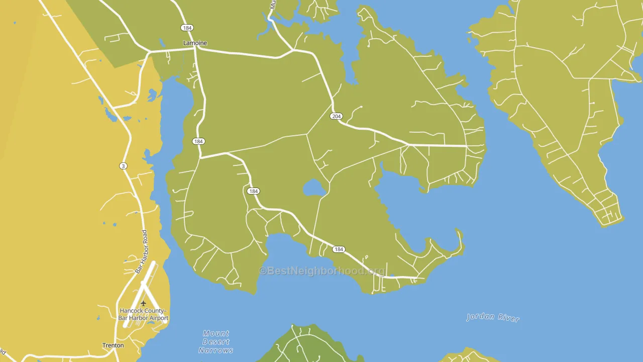 Map of the best neighborhoods in the Lamoine area, with better matches in green and worse matches in red