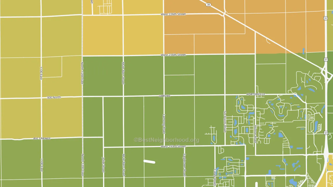 Map of the best neighborhoods in the Lamong area, with better matches in green and worse matches in red