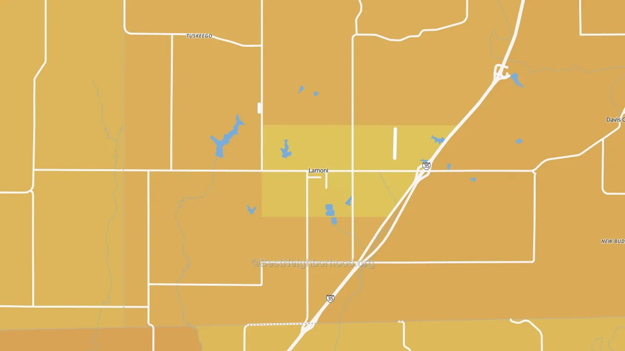 Map of the best neighborhoods in the Lamoni area, with better matches in green and worse matches in red
