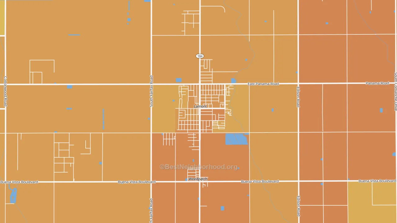 Map of the best neighborhoods in the Lamont area, with better matches in green and worse matches in red