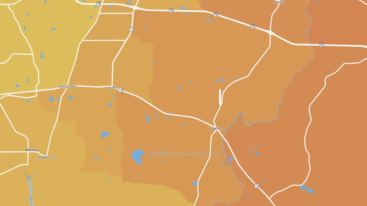 Map of the best neighborhoods in the Lamont area, with better matches in green and worse matches in red