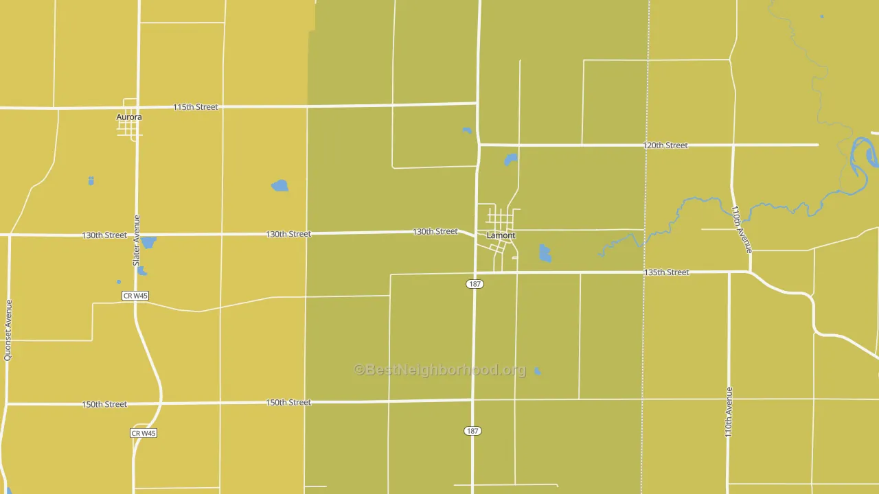 Map of the best neighborhoods in the Lamont area, with better matches in green and worse matches in red