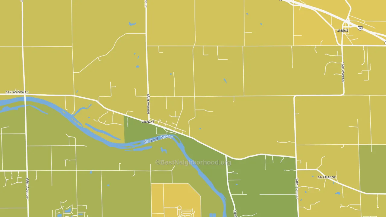 Map of the best neighborhoods in the Lamont area, with better matches in green and worse matches in red
