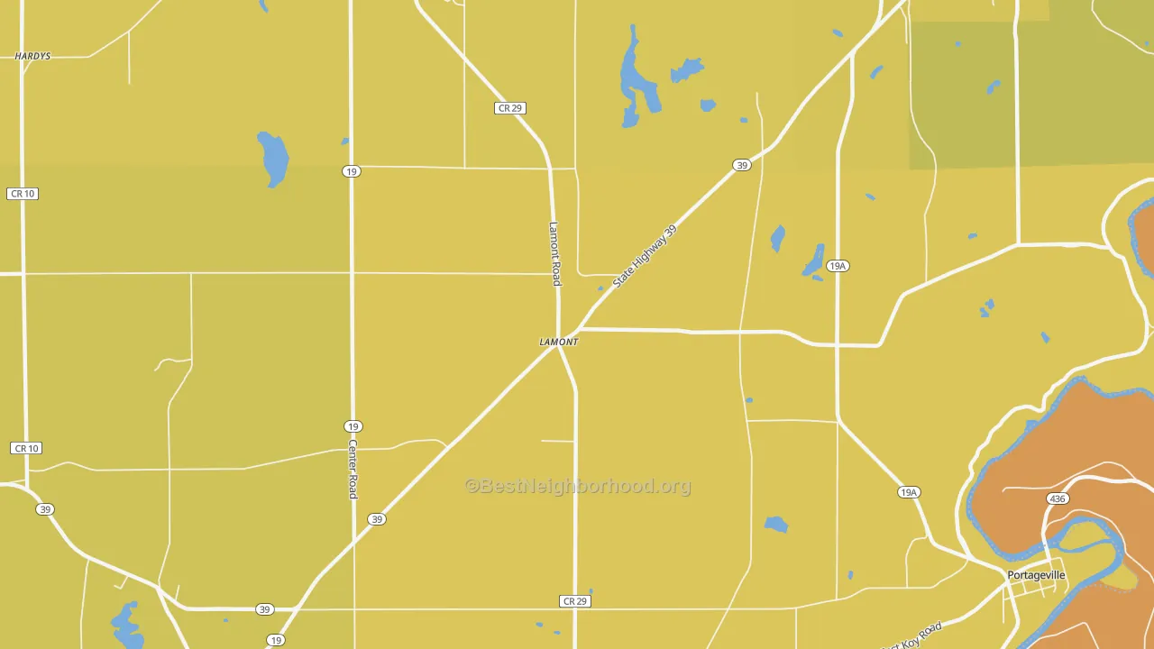 Map of the best neighborhoods in the Lamont area, with better matches in green and worse matches in red