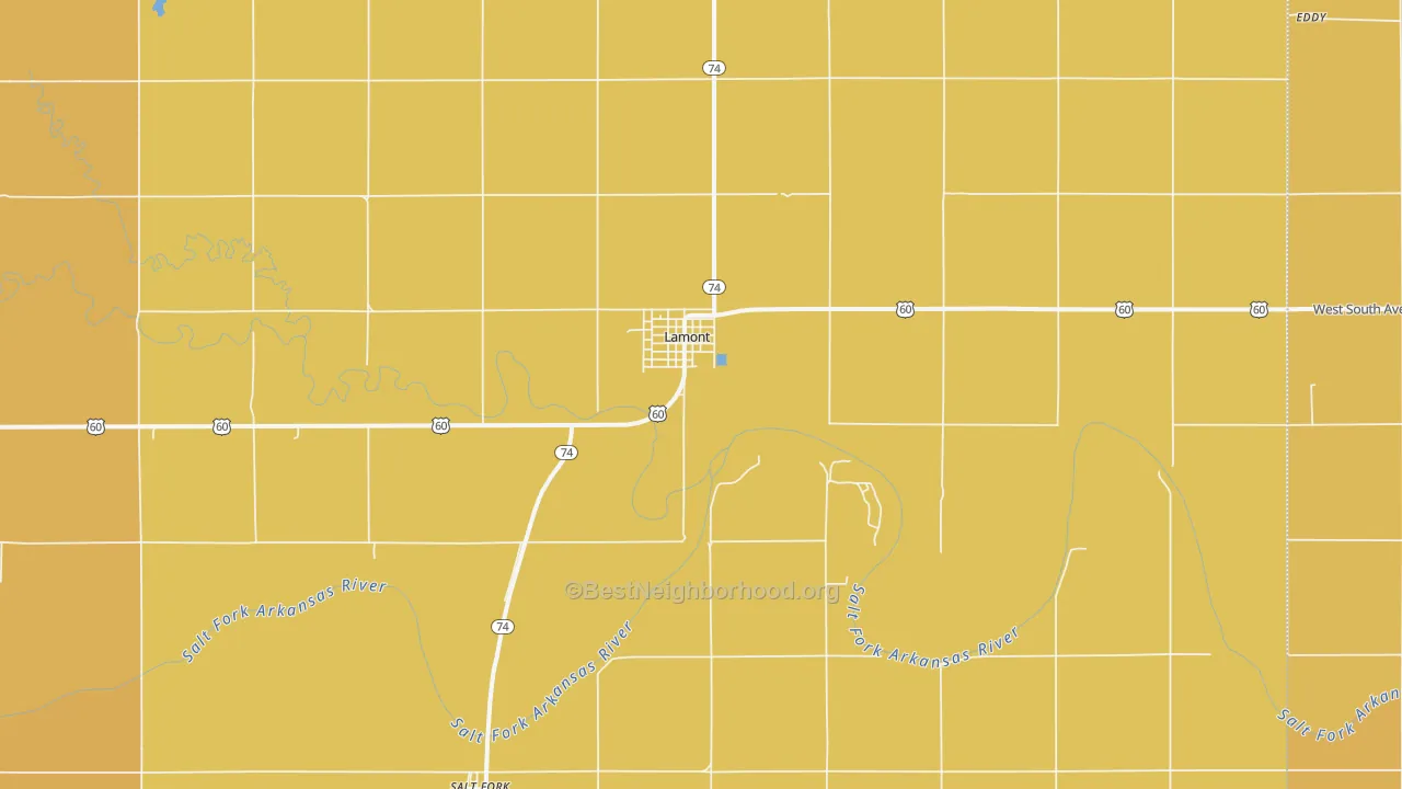 Map of the best neighborhoods in the Lamont area, with better matches in green and worse matches in red