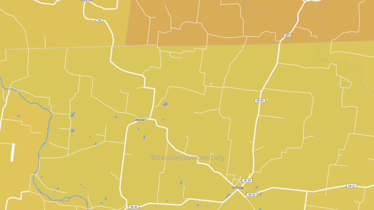 Map of the best neighborhoods in the Lamont area, with better matches in green and worse matches in red