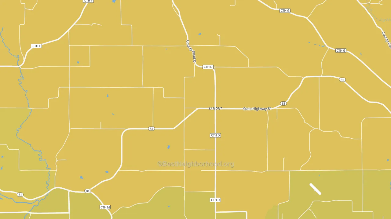Map of the best neighborhoods in the Lamont area, with better matches in green and worse matches in red