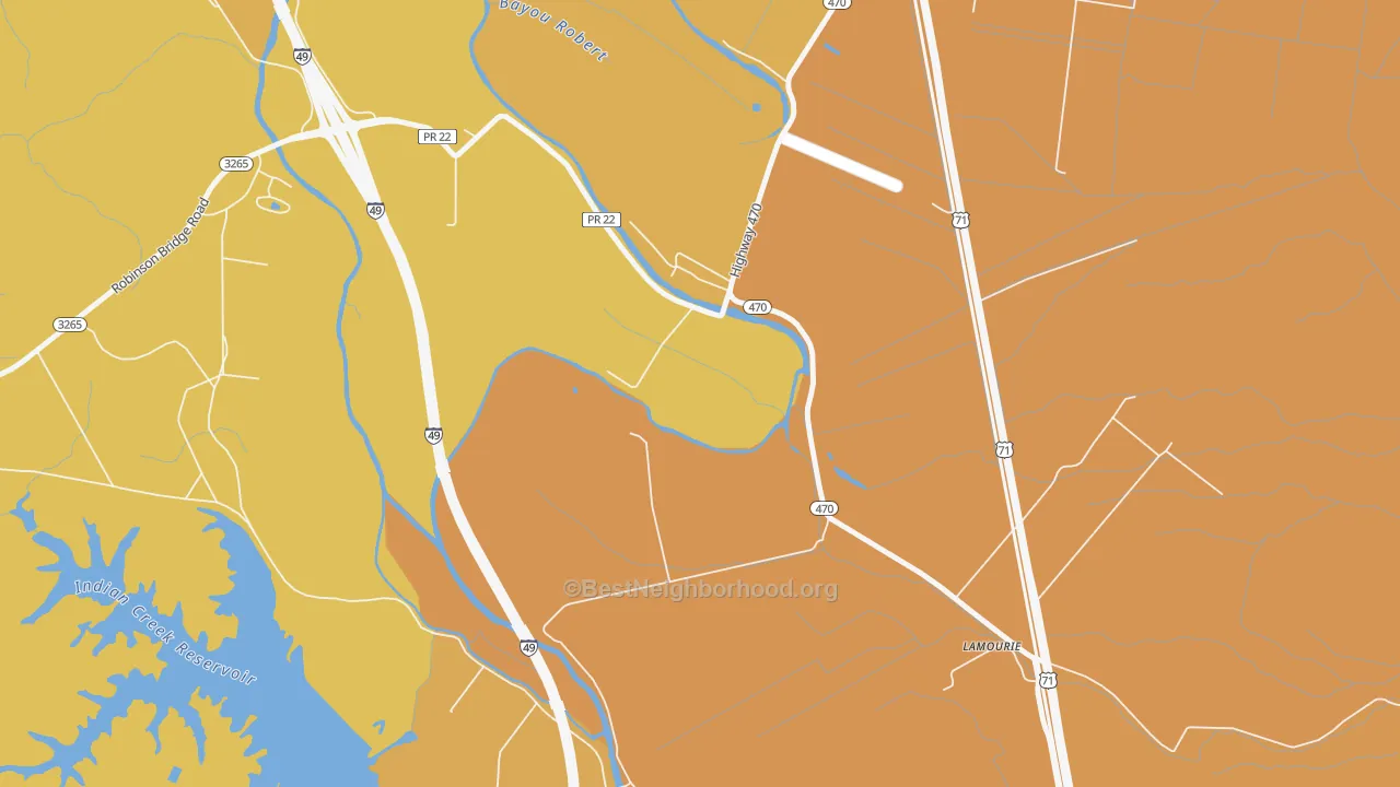 Map of the best neighborhoods in the Lamourie area, with better matches in green and worse matches in red
