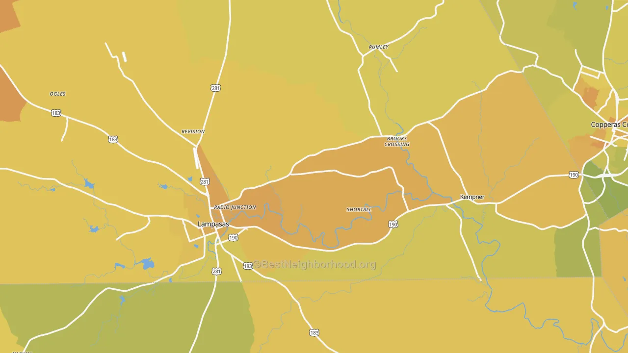 Map of the best neighborhoods in the Lampasas County area, with better matches in green and worse matches in red
