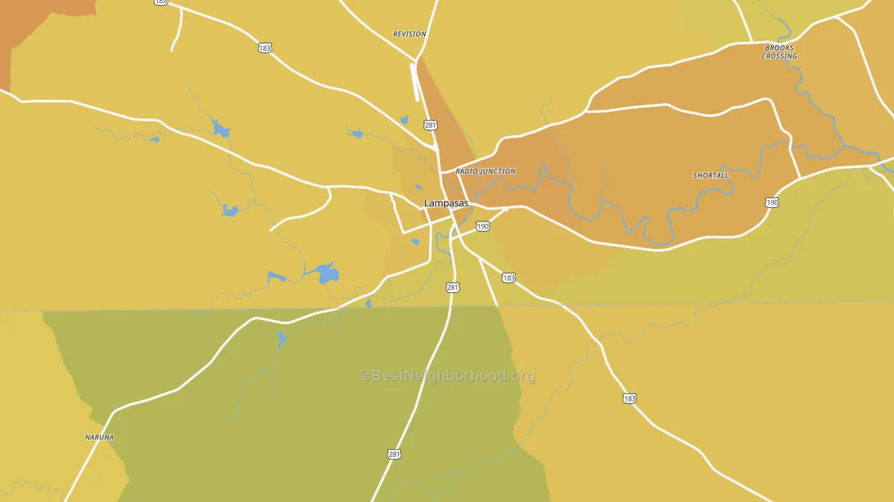 Map of the best neighborhoods in the Lampasas area, with better matches in green and worse matches in red