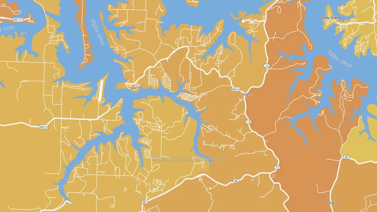 Map of the best neighborhoods in the Lampe area, with better matches in green and worse matches in red
